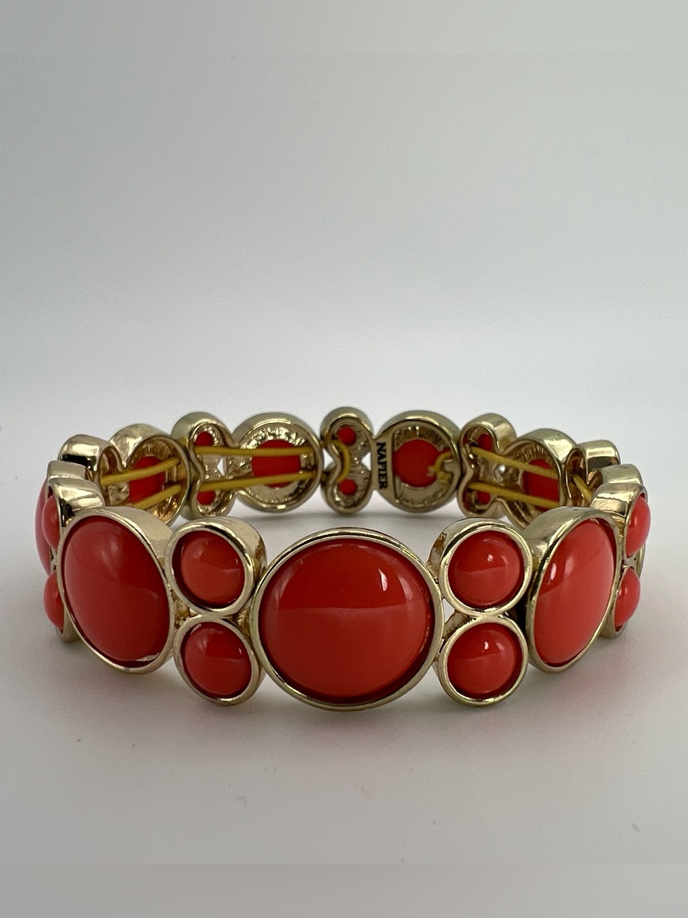 Vintage Napier Gold Tone Bracelet Coral Orange Cabochon Panels Stretch Link Sign